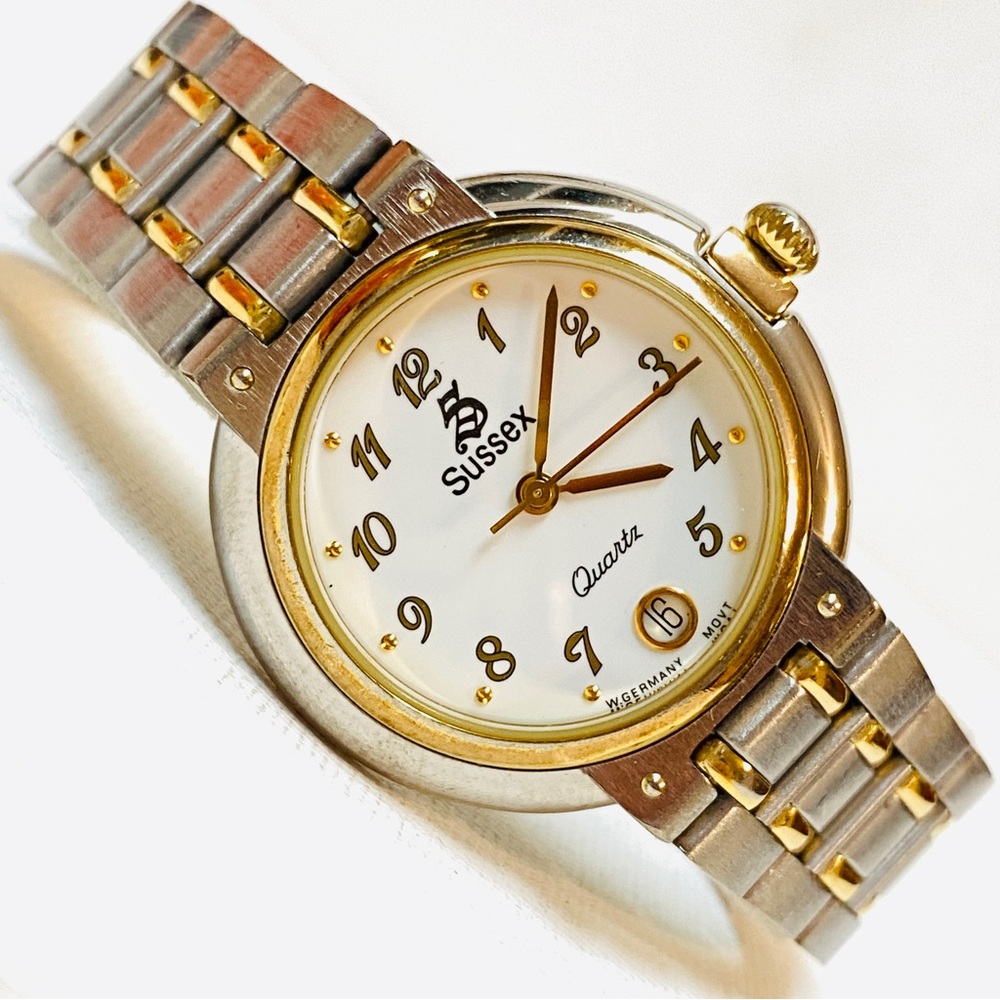 Vintage Sussex W Germany Art Deco Dress Women's Date Watch Two Tone Silver Gold
